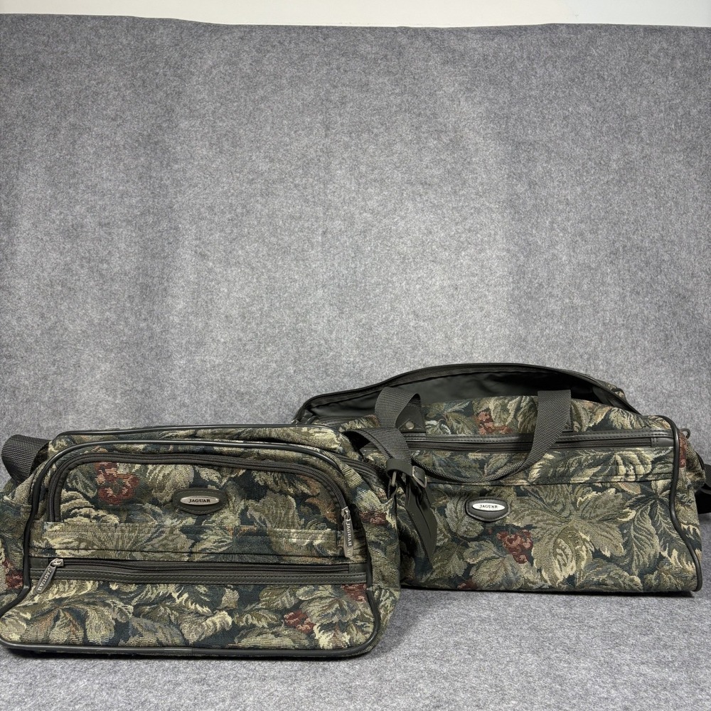 Jaguar Floral Tapestry 2 Piece Luggage Set OS Green Brown Vintage Duffel Bag